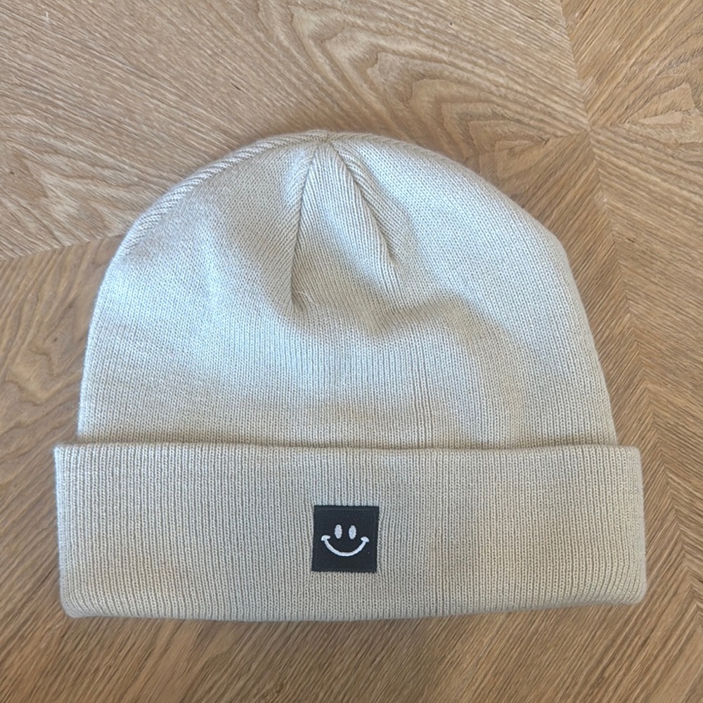Cream Beanie with Smiley Patch